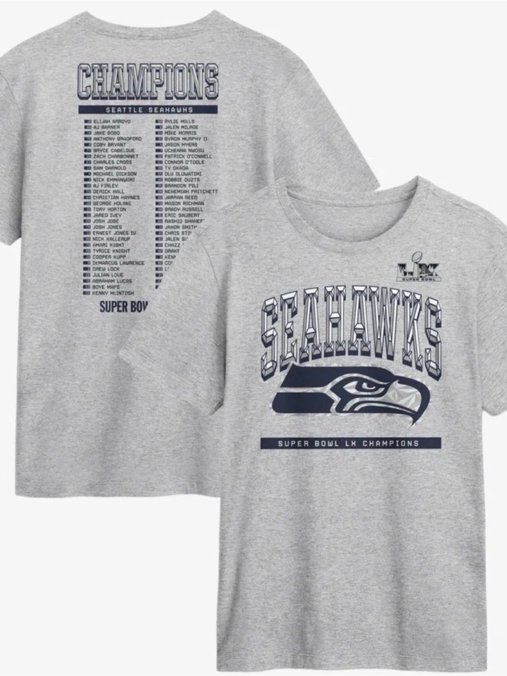 NWT Seattle Seahawks Nike Super Bowl LX Champions Classic Roster Shirt Gray XXL